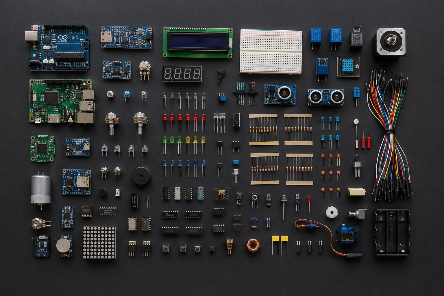 Dev boards, sensors, resistors, LEDs and jumper wires laid out in a grid on a dark surface