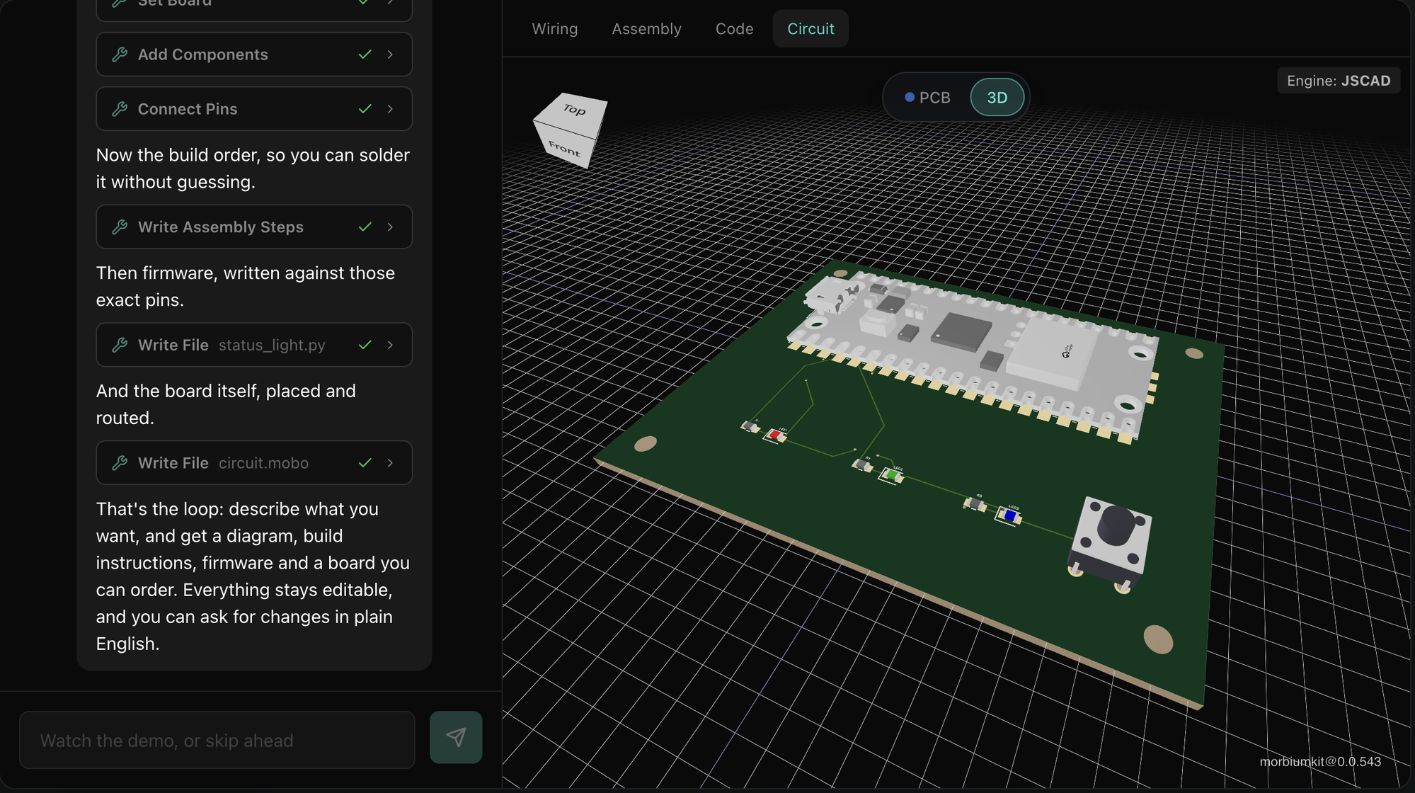 A routed two-layer board shown in Morbium's 3D viewer