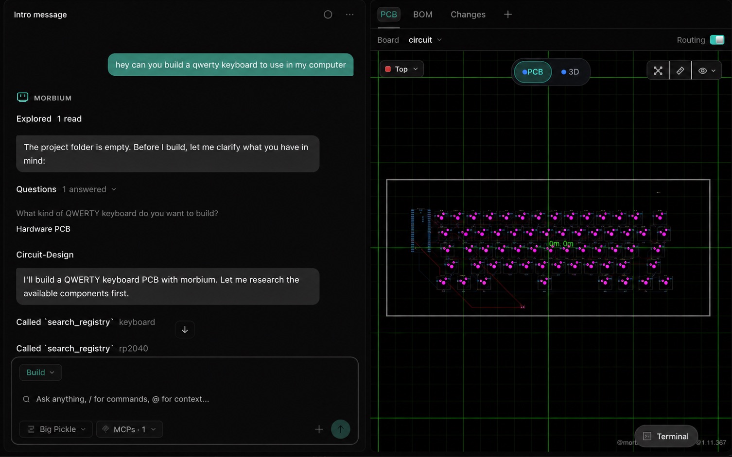 Morbium laying out a QWERTY keyboard PCB, with the chat beside the board view